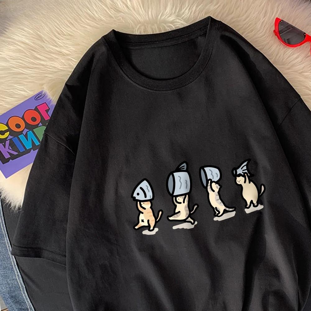 

Four Little Cats Holding Fish Women T-Shirts Cartoons Prints T Shirts Soft O-Neck Short Sleeve Tops Summer Clothes Graphic Y2K 3XL