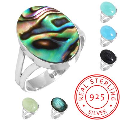 925 Sterlingsilber Ring Damen Edelstein Handgefertigter Schmuck Erntedankgeschenk Aquablauer Chalcedon Abalone-Muschel Blauer Sonnenstein Labradorit Prehnit