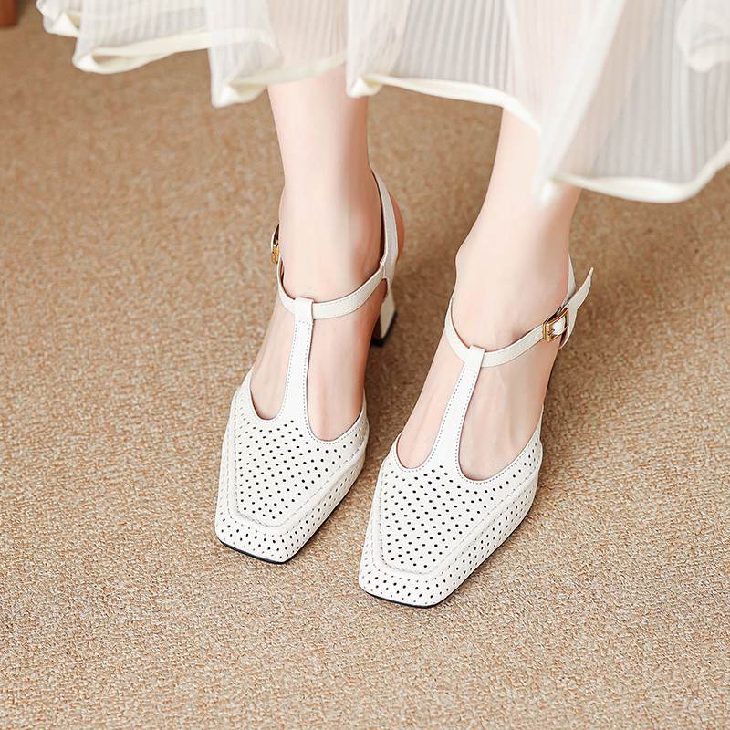 Krazing Pot Sheepskin Square Toe Size 41 High Heels Hollow Out Decoration Super High Heels Breathable Autumn Pumps