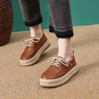 Fashion Thick-soled Platform Shoes Women's 2024 Spring New Soft Leather Retro Lace-up Shoes Comfortable and Breathable Casual Shoes