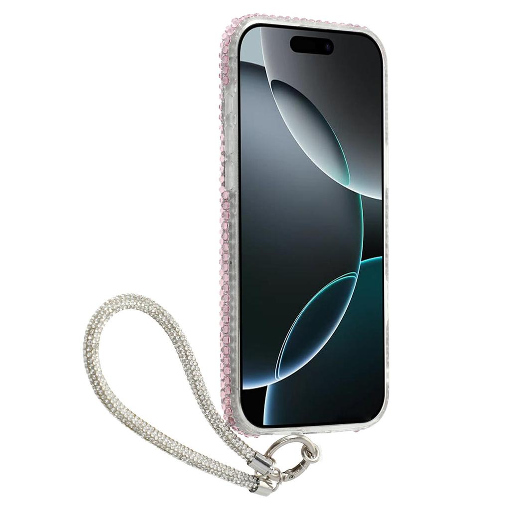 For iPhone 16 Pro Max Case with Strap Full Rhinestone Lip Decor TPU+PC Phone Back Cover
