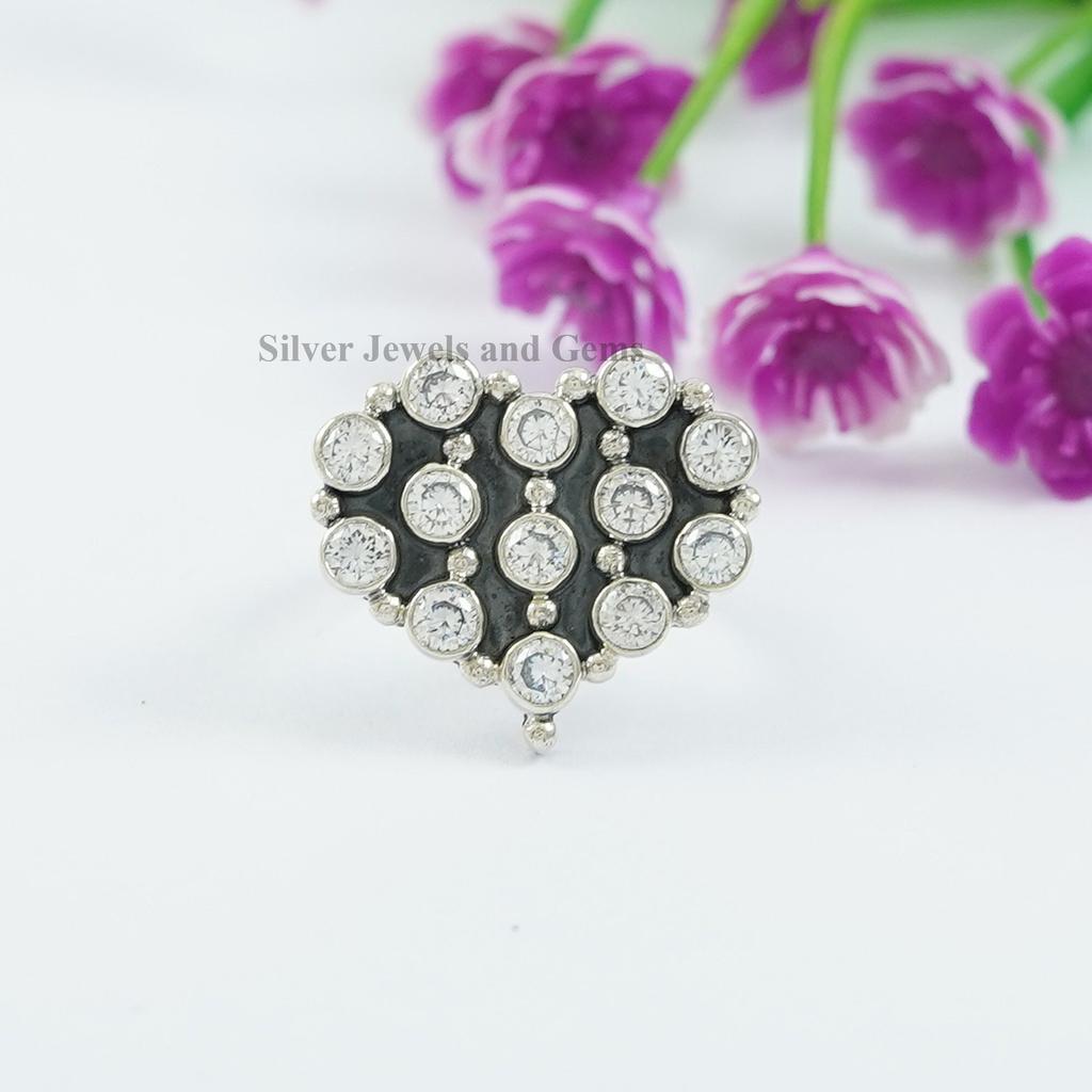 Cubic Zirconia Heart Ring, 925 Sterling Silver Cluster Ring