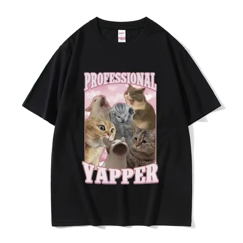 Funny Professional Yapper Meme Cat Pattern Tshirt Retro Womens Fashion Short Sleeved Tshirt Casual Comfortable T-shirt Top