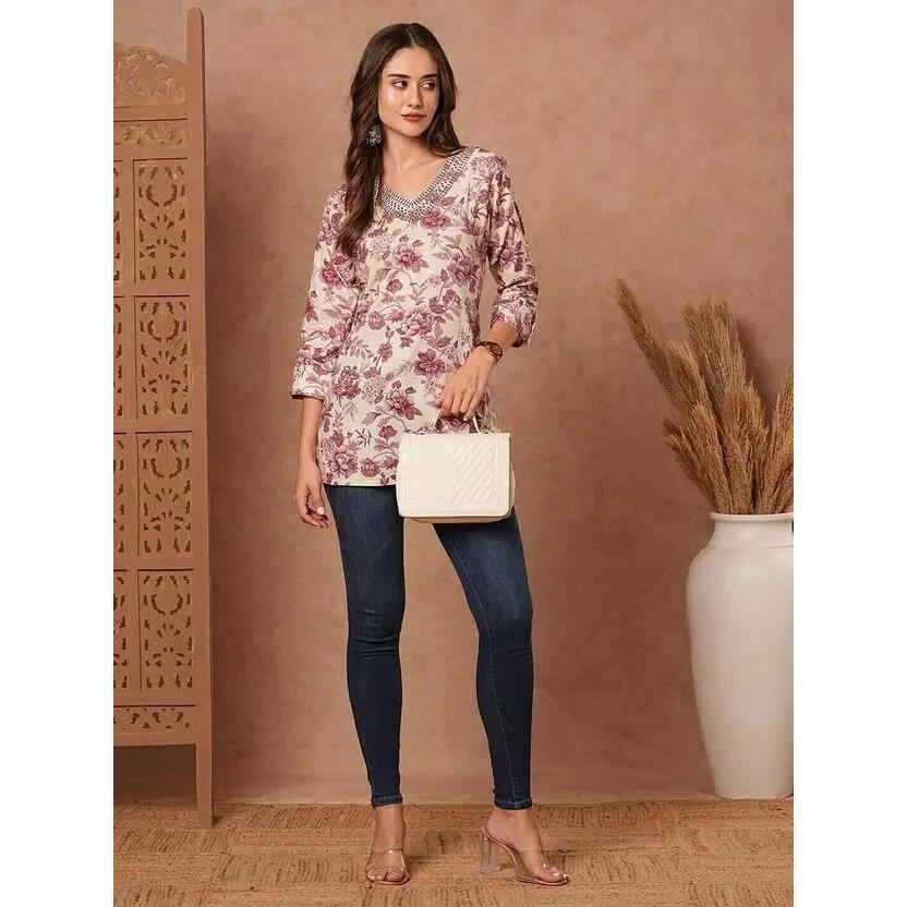 Top Curta Reto de Viscose Estampada Feminino Top Túnica Festa Indiana Paquistanesa SC-2146