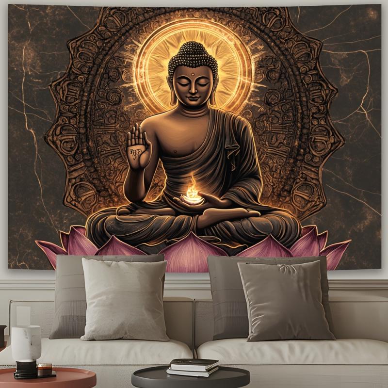 VIKAMA Lotus Buddha Golden Aura Tapestry Will Bring A Peaceful Sacred Atmosphere To Your Living Room Bedroom Or Meditation Space
