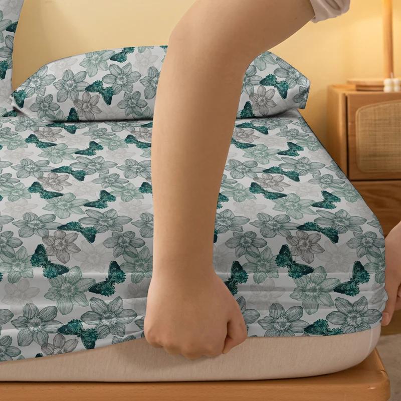 Simple 1 Modern Plant Flower Butterfly Printed Matte Fitted Sheet, Bedroom Printed Bed Cover, Bedding Excluding Pillowcases