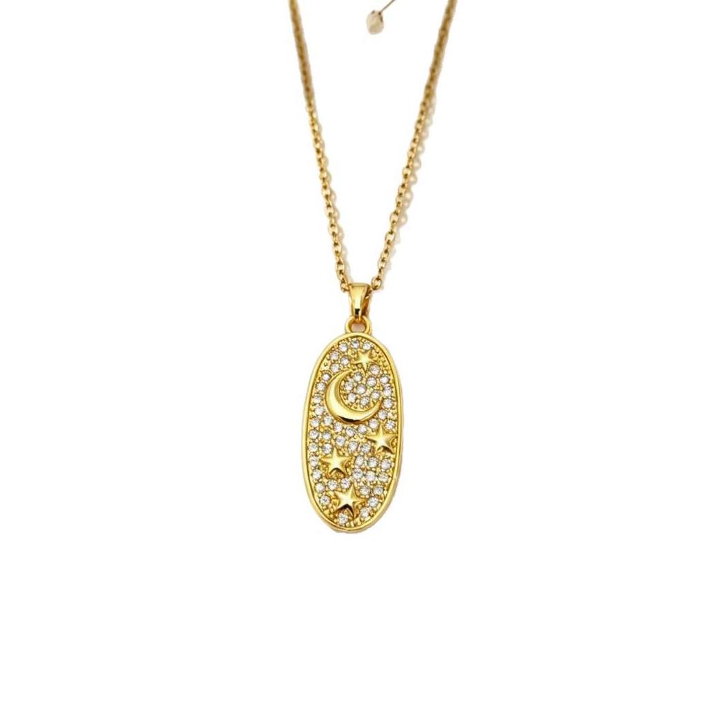 Gold Star & Moon Oval Pendant Necklace - Elegant & Versatile Gift for Couples