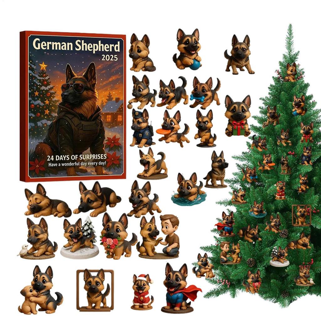 Christmas Advent Countdown Christmas 2D Acrylic German Shepherd Decor 24 Days Cute Cartoon Dog Ornament For Xmas Tree Kids Gifts