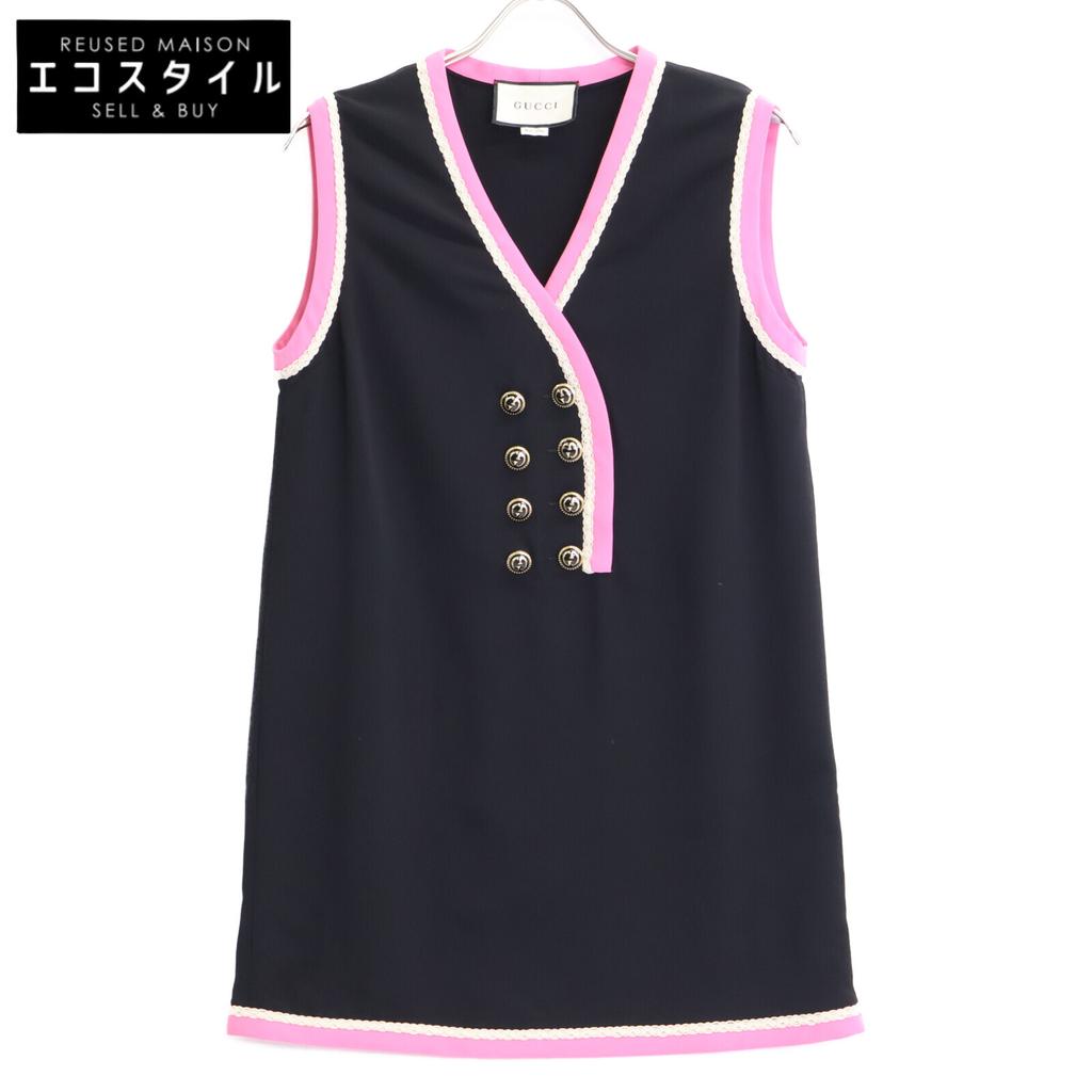 GUCCI [Domestic Regular] 577114 Design Piping GG Button Sleeveless dress 36 Black x pinkUsed