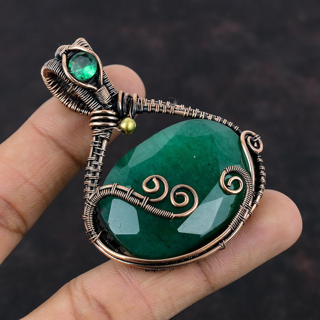 Faceted Zambian Emerald Pendant Copper Wire Wrapped Gemstone Jewelry Chrome Diopside Pendant Handmade Jewelry Gift For Mother Copper Pendant