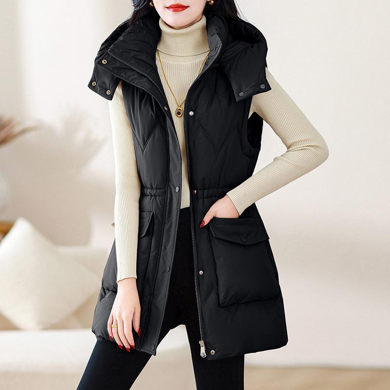 Down Cotton Vest Women's New Autumn and Winter Warm Medium and Long Thickened Hooded Vest Jacket