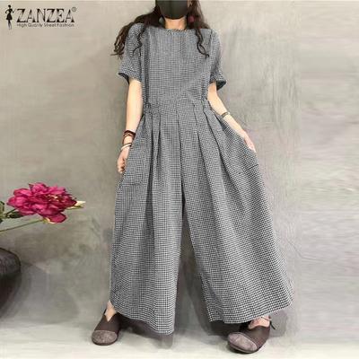 Women Casual O-neck Short Sleeve Plaid Print Jumpsuits