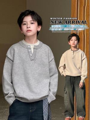2025 Autumn/Winter Boys' Trendy Double Collar Button Sweater - Solid Color, Korean Style for Older Children