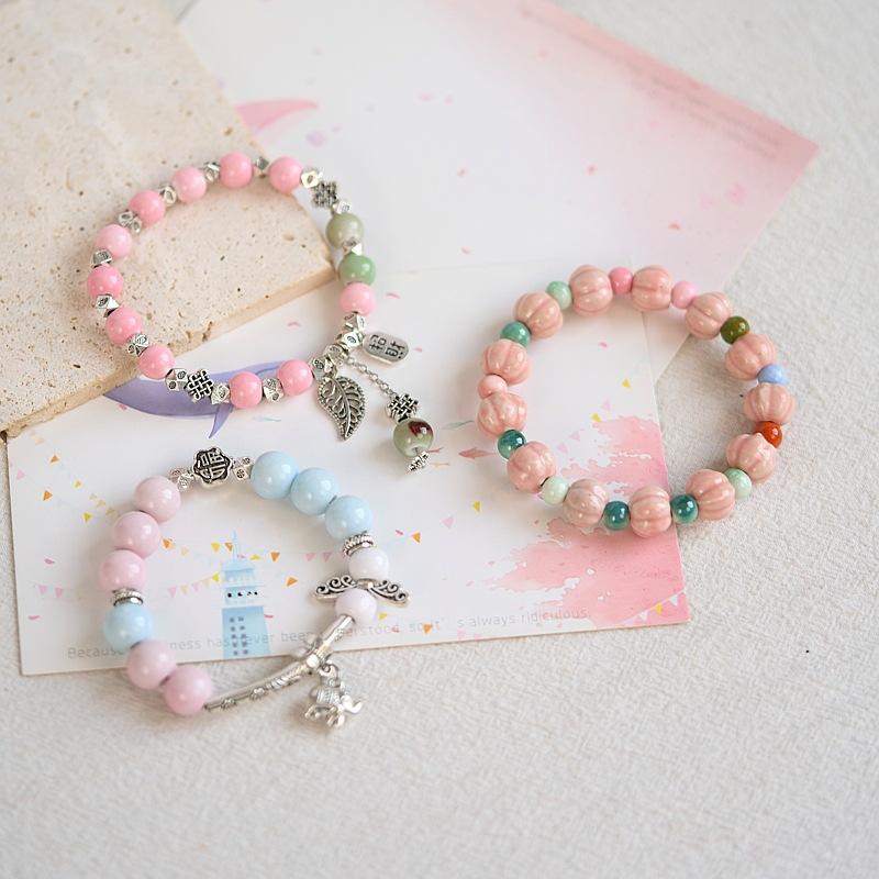 Jingdezhen ceramic bracelet batch goods, national style girls small fresh pink flower bracelet, versatile new Chinese bracelet.