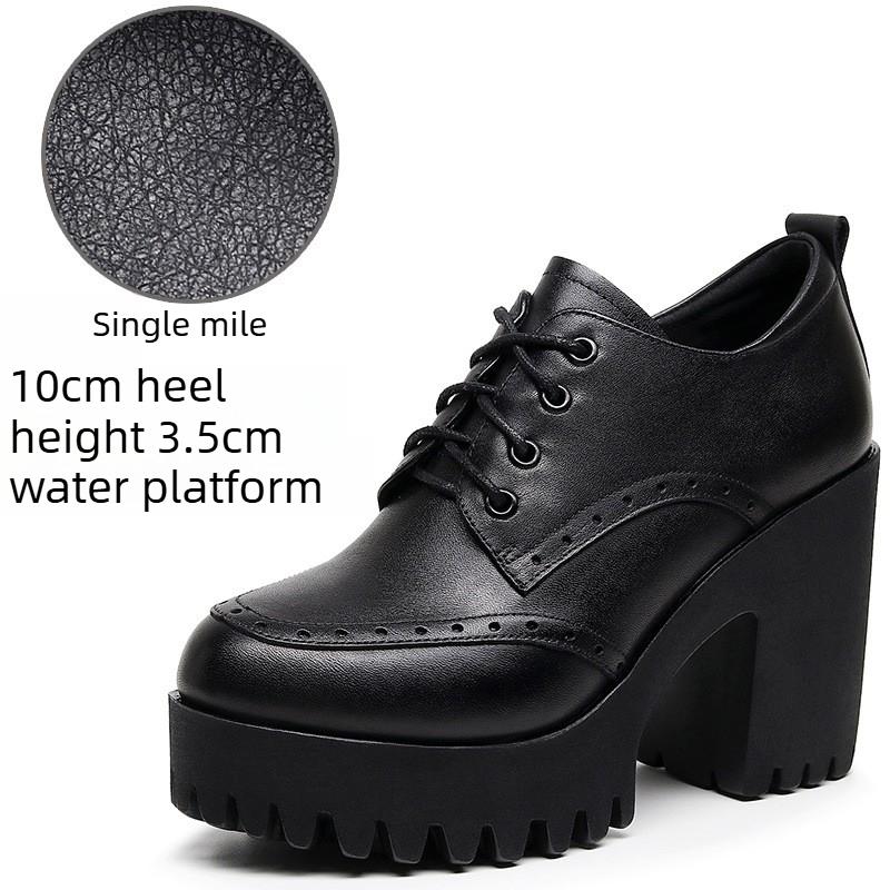 Brogue Damenschnürschuhe im britischen Stil aus Leder mit klobigen Absätzen, High Heels, wasserdichter Plateau-Sohle, runder Spitze, tiefem Ausschnitt