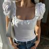 Puff Sleeve Ladies T-shirt Ladies Elegant Square Collar Ruffled Hem Slim-fit Blouse Street Casual Pullover