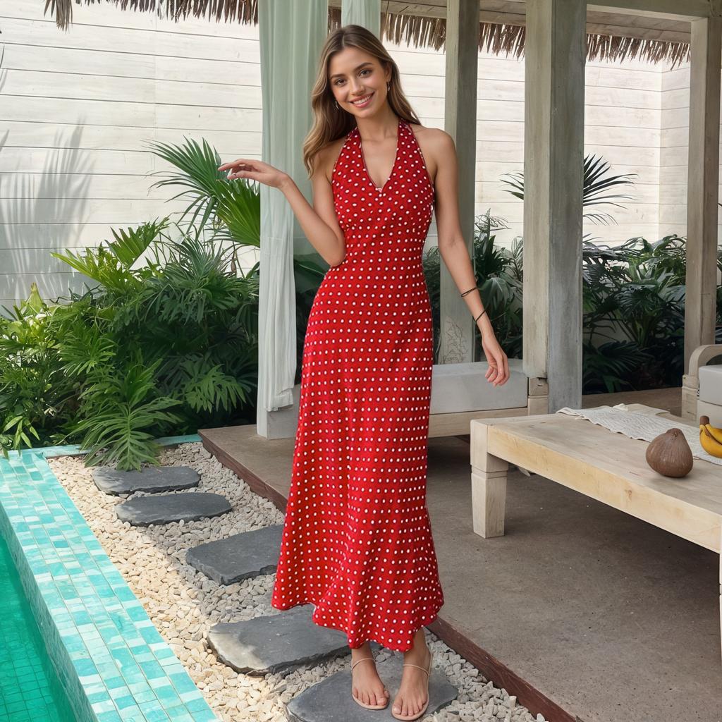 Summer New Style Beach Vacation Style Floral Polka Dot Halter Top Dress