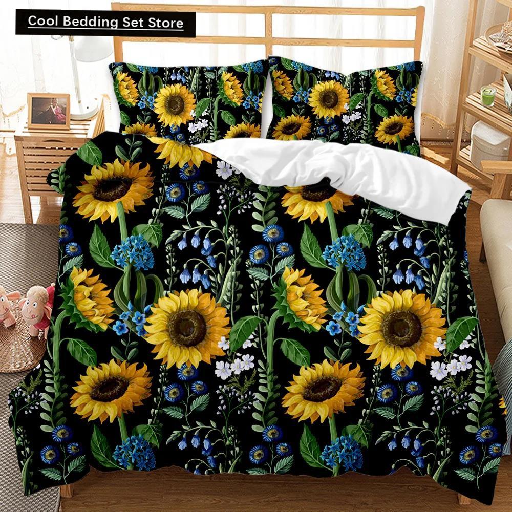 Comforter Sunflower Girly Yellow Floral Print Twin Comforter Women Blossom Flowers Polyester Bedding Set King Size