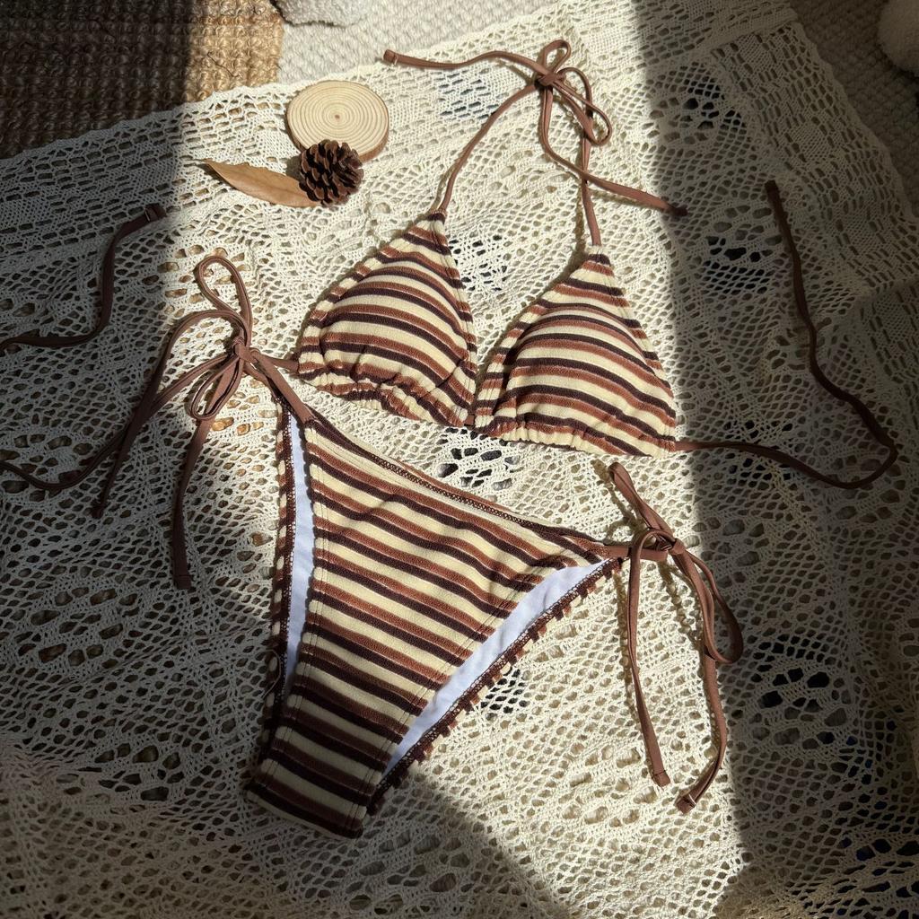 European and American New Striped Towel Cloth Small Fresh and Sexy Split Swimsuit Bikini