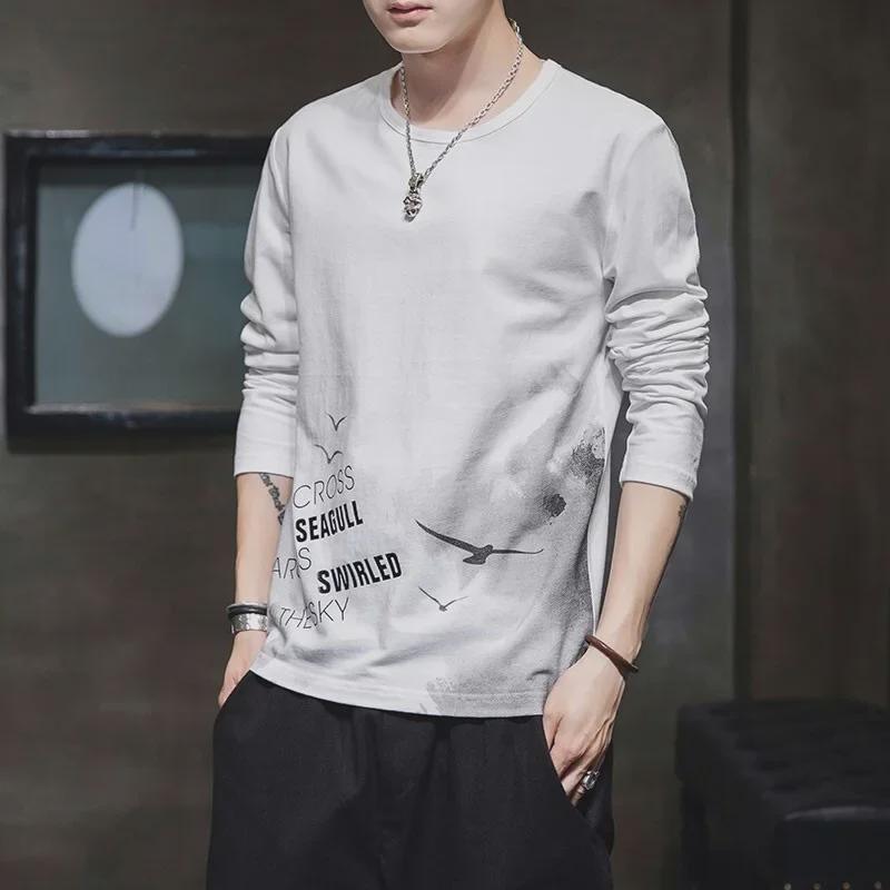 Odbavení: Pánské volné bavlněné tričko s dlouhým rukávem, kulatým výstřihem, ideální na jaro/podzim.