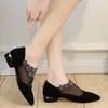 Plus Size Thick Heel Mesh Breathable Single Shoes Women's New Mesh Cut-out Rhinestone Toe Sandals