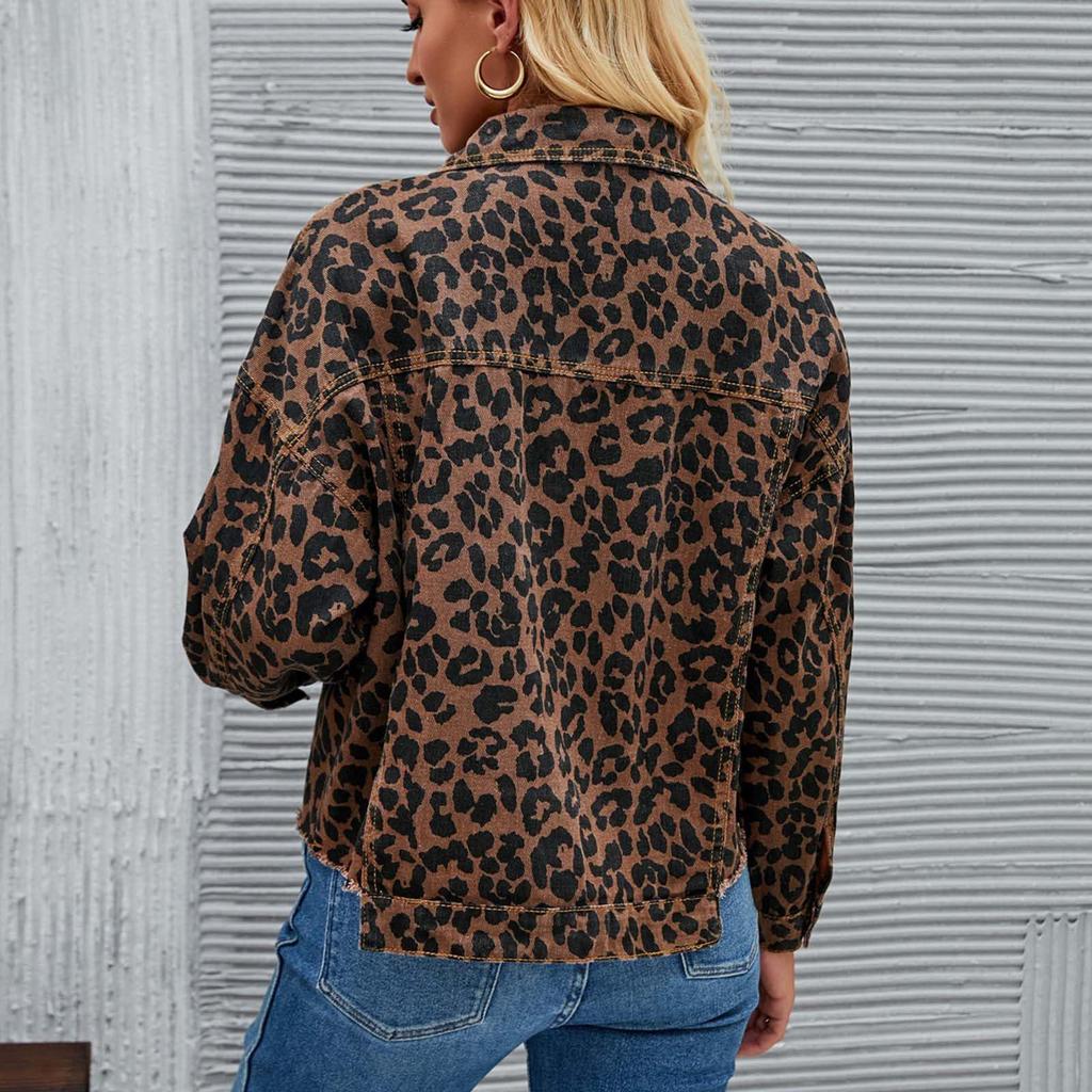 2024 Spring/Autumn Leopard Print Denim Jacket - Long Sleeve, Short, Loose Fit
