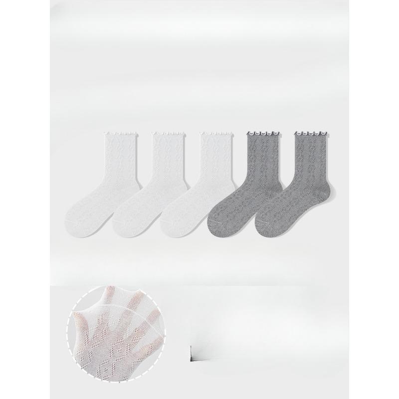 5 Pairs of Women's Summer Thin Style All Kinds of Mesh Hollow Wooden Ear Side Tube Stack Socks
