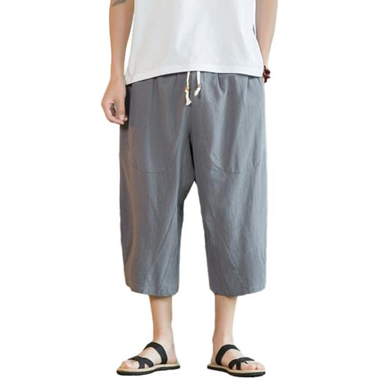 Men Summer Pants Drawstring Elastic Waist Solid Color Mid-calf Length Pockets Daily Wear Wide Leg Plus Size Men Summer Trousers Men Clothes