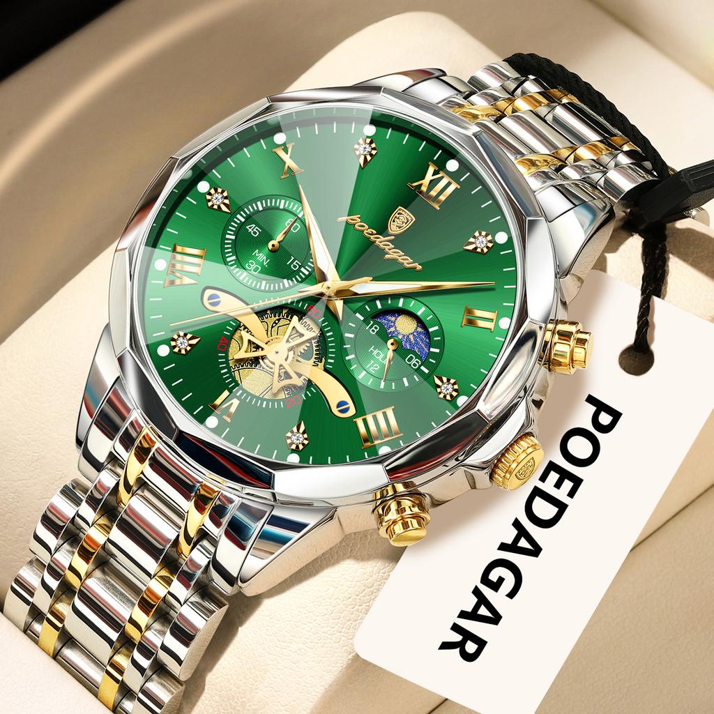 POEDAGAR Original Luxus Herrenuhr Wasserdicht Leuchtend Chronograph Armbanduhr Edelstahl Quarzuhren für Mann Reloj