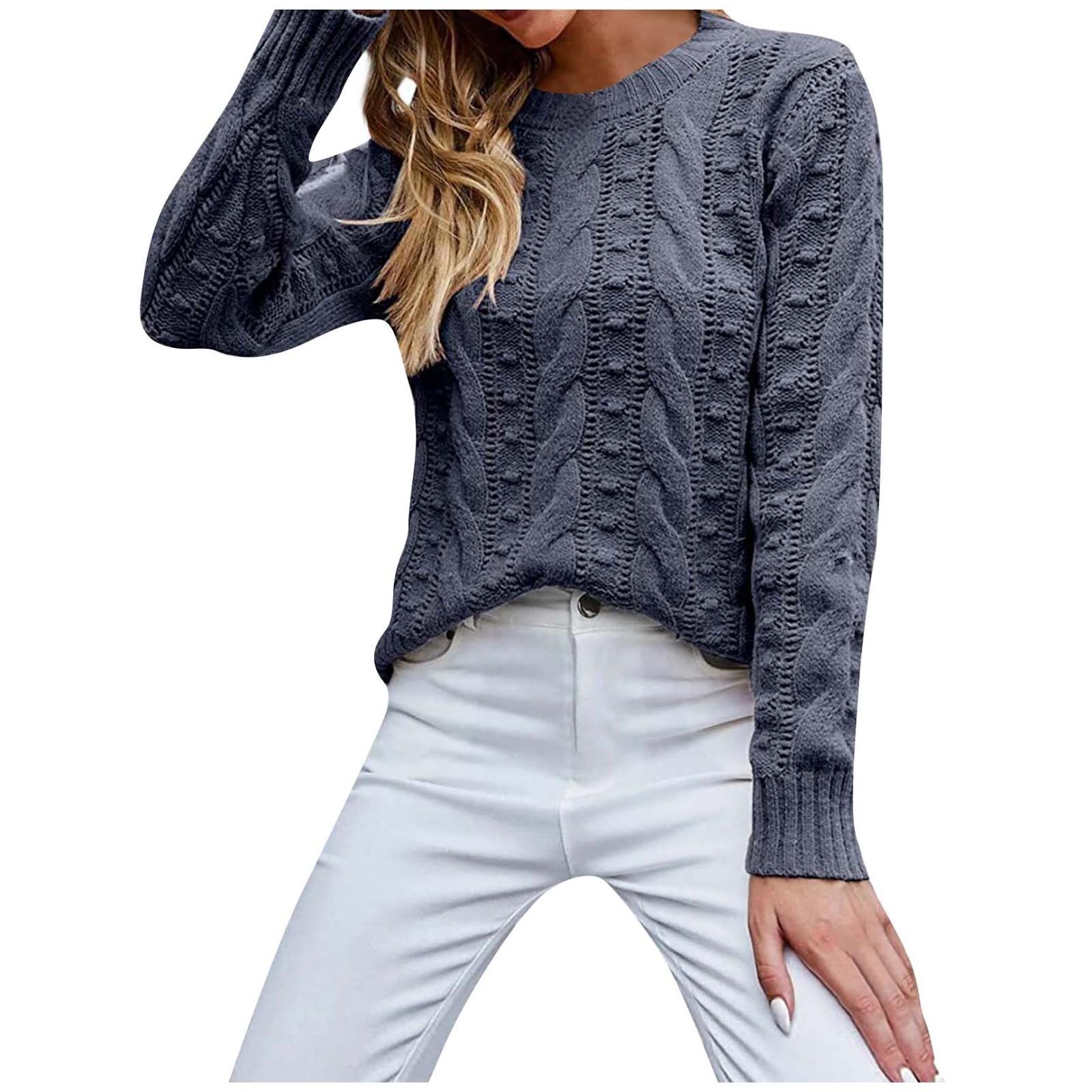 Женский однотонный пуловер с длинным рукавом и круглым вырезом вязаный топ-свитер S 2933₽