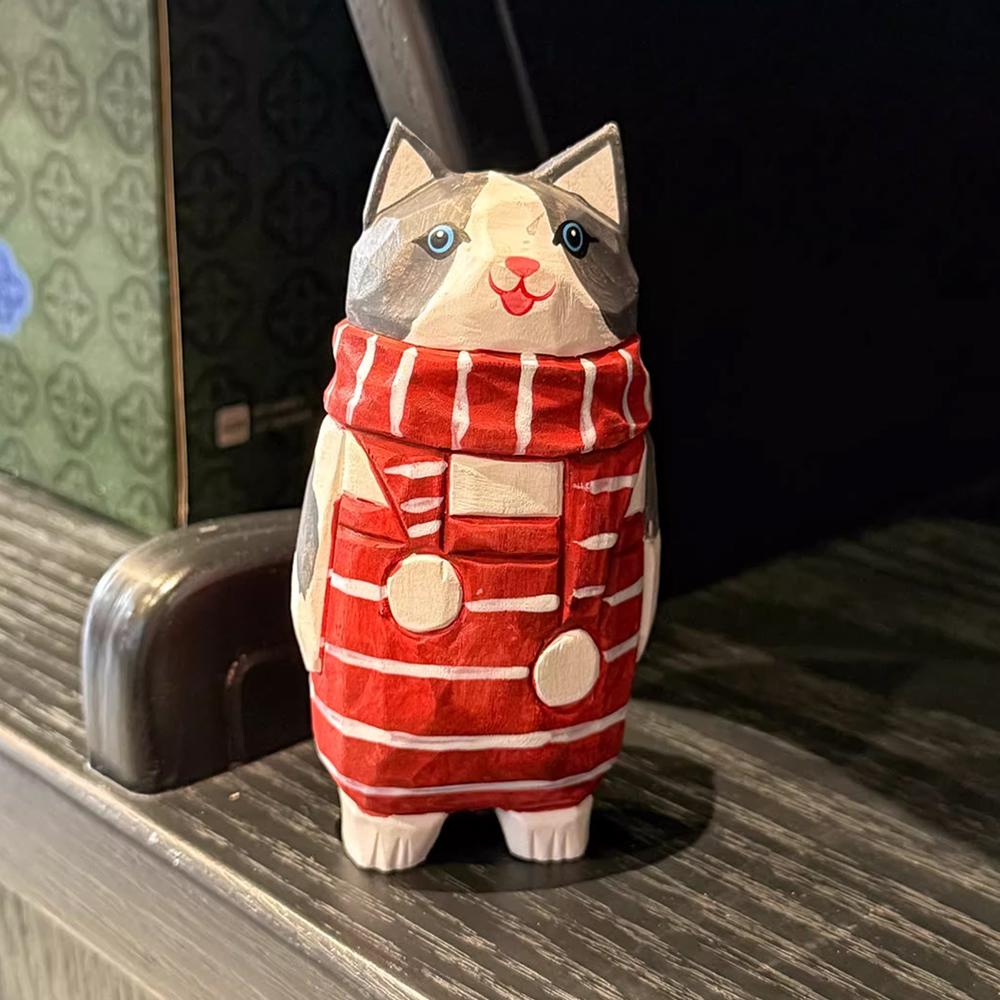 Christmas Decorations Wooden Kitten Couple Sculpture Home Decoration Handmade Wood Carving Kitten Ornaments Small Animal