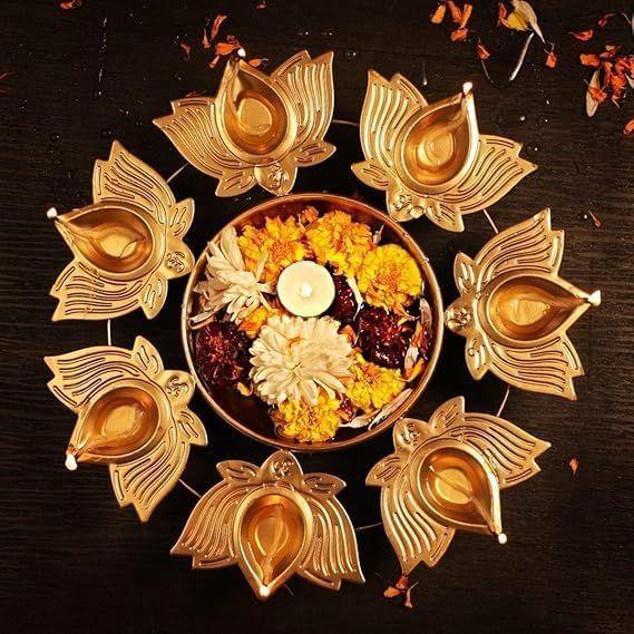 Diya Thali Set with 8 Lotus Shaped Diyas, Traditional Decorative Pooja