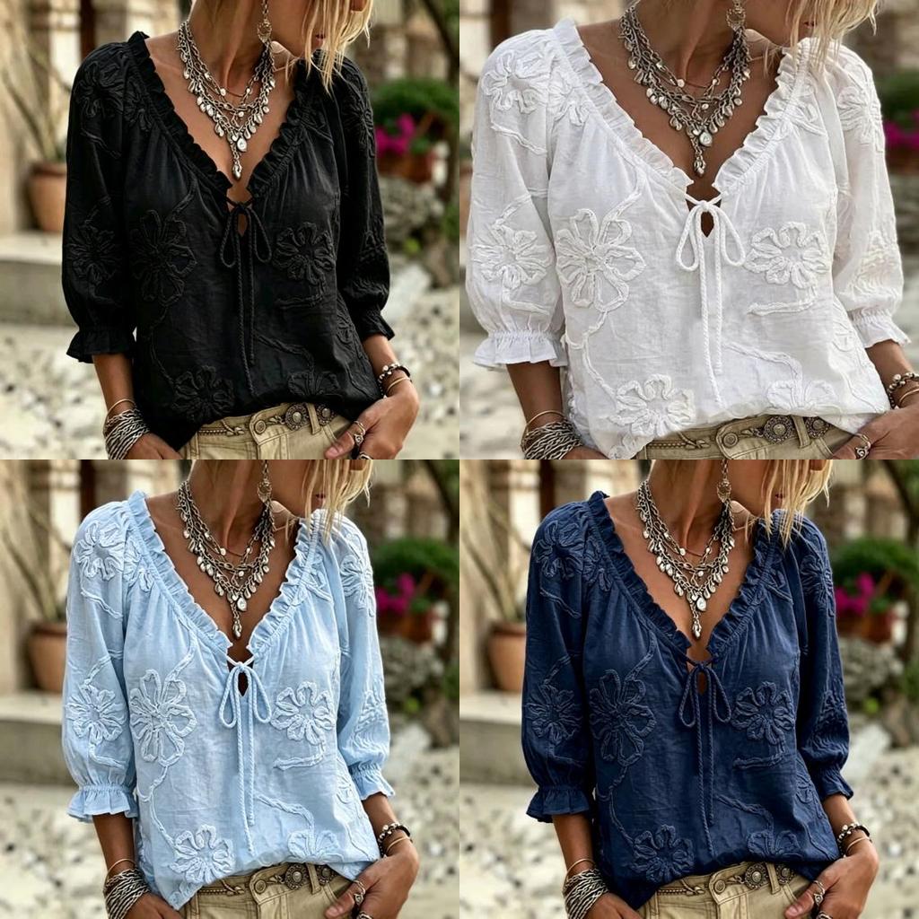 Camicetta Ricamata Floreale Vintage con Scollo a V e Dettagli a Ruffle per Uso Casual