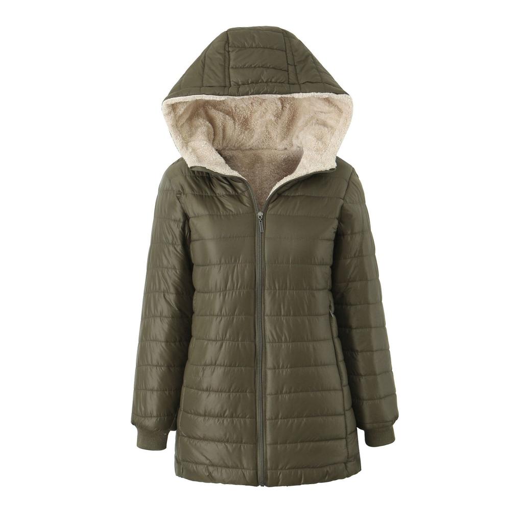 Chaqueta acolchada de algodón con capucha de longitud media para otoño e invierno, chaqueta acolchada de algodón cálida de vellón de cordero para mujer, chaqueta de vellón superior