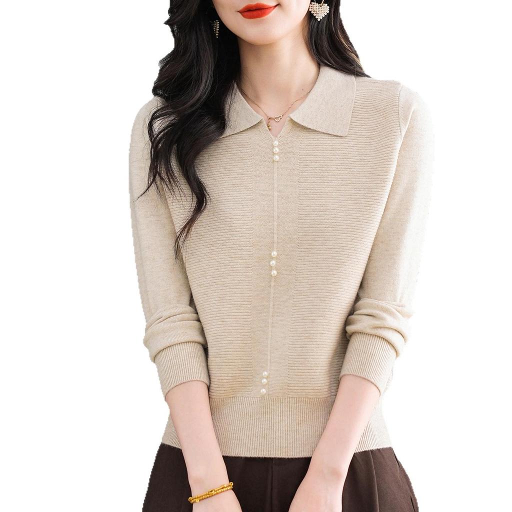 2025 Fashion Women's Solid Color Long Sleeve Knit Polo Shirt