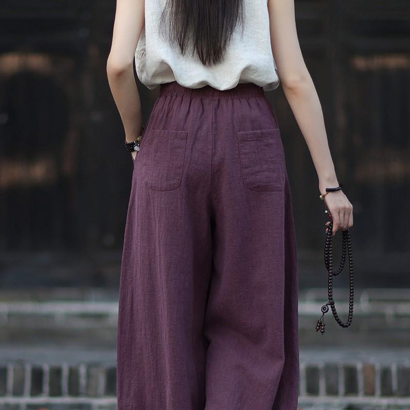Johnature Women Vintage Bloomers Pants Solid Color Elastic Waist Trousers Autumn Pockets Soft Loose Pants