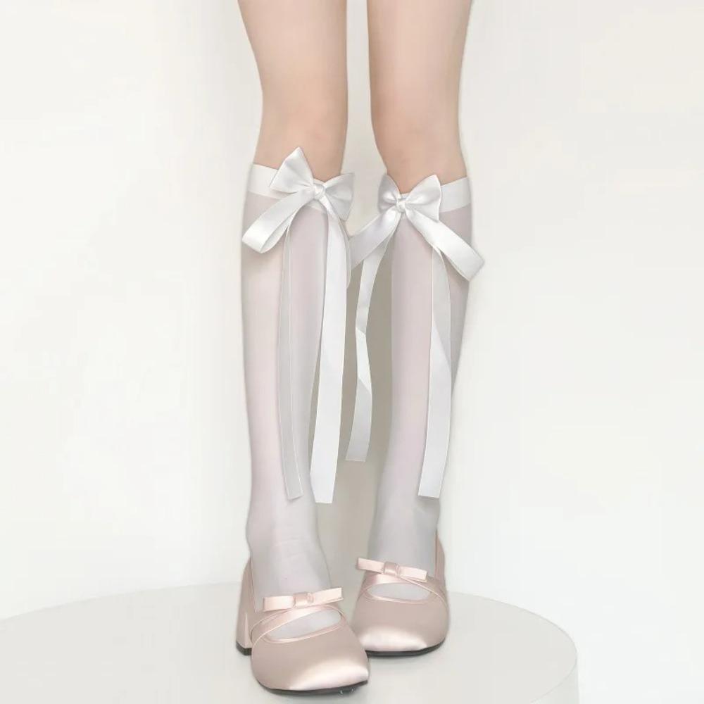 1Pair Bowknot Lolita Sock Nylon Bowknot Sock Lolita Harajuku Sock Women белый