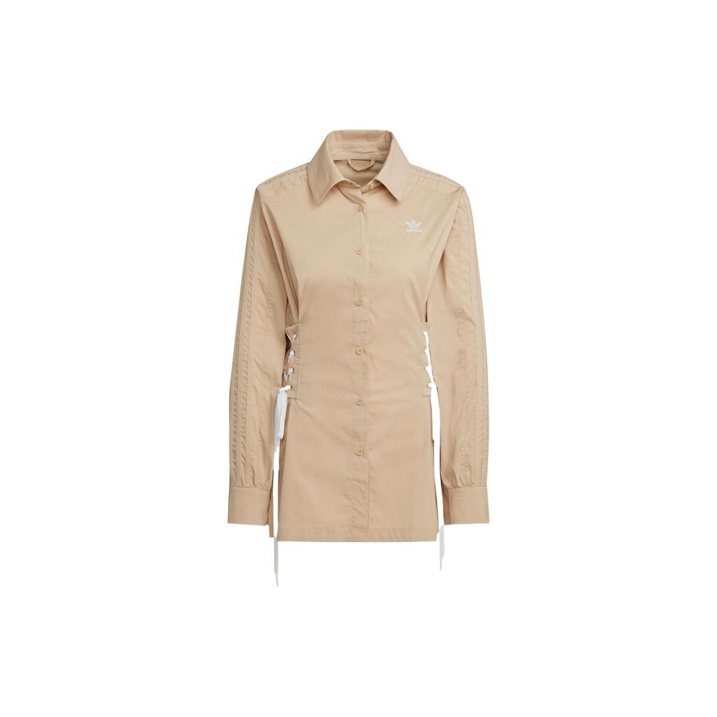 Adidas Originals Clover FW22 Logo Print Drawstring Long Sleeve Shirt Women Tops Khaki HK5081