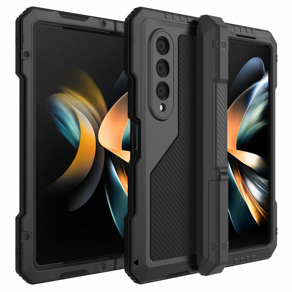 For Samsung Galaxy Z Fold4 5G Aluminium Alloy+Silicone Phone Case Shockproof Dustproof Kickstand Protective Cover with Screen Protector