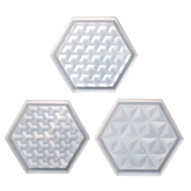 Crystal Epoxy Gemeotric Hexagon Coaster Mirror Silicone Mold Dish Tray Mold for Casting with Resin Concrete Cement 1