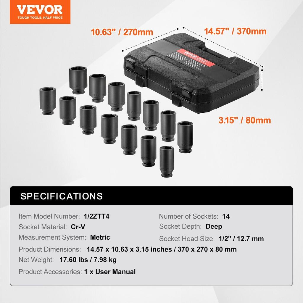 Axle Nut Impact Socket Set 1/2" Drive Deep 6+12-Point 14PCS Metric Socket