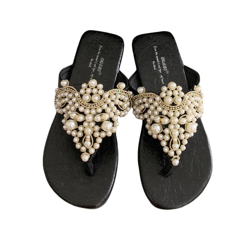 2025 spring and autumn new pearl rhinestones wave wind toe sandals women's flat bottom outside fairy style French