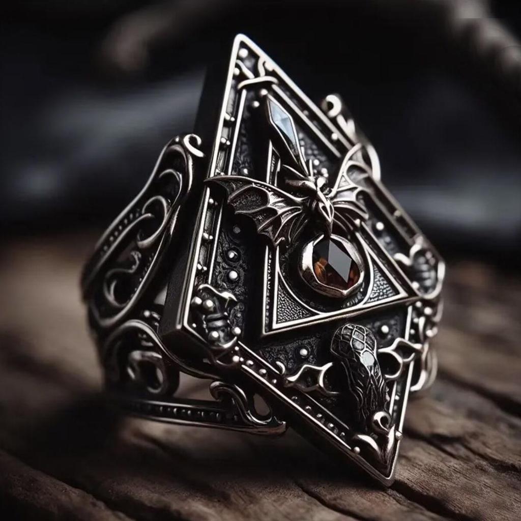 European Dark Style Men's Ring: Triangle Devil Bat Gemstone with Retro Hip Hop Snake Pattern.
