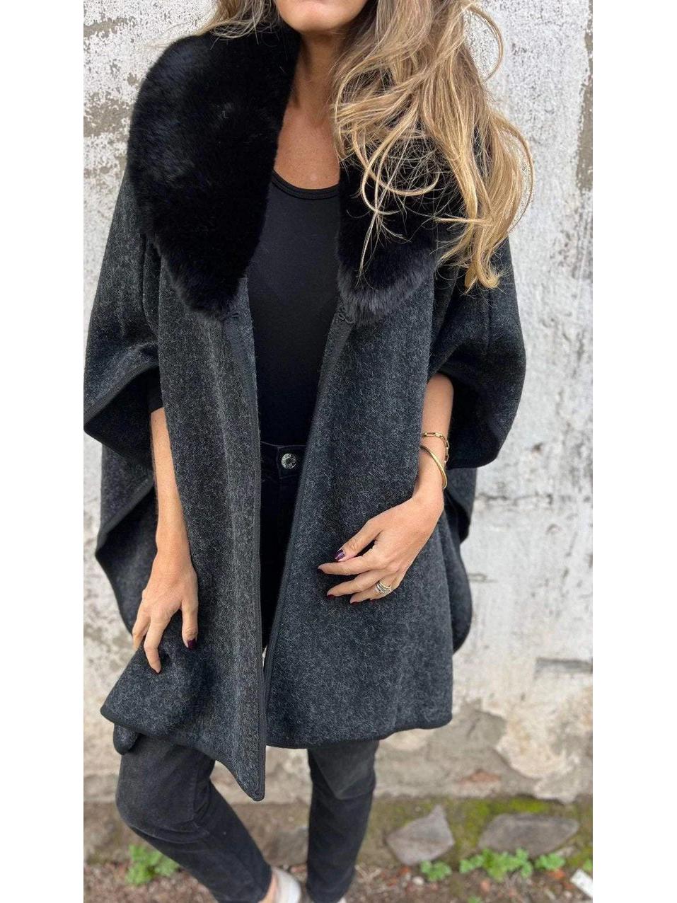 

Європейський та американський жіночий осінньо-зимовий плащ-накидка з довгими рукавами та хутряним коміром XL чорний