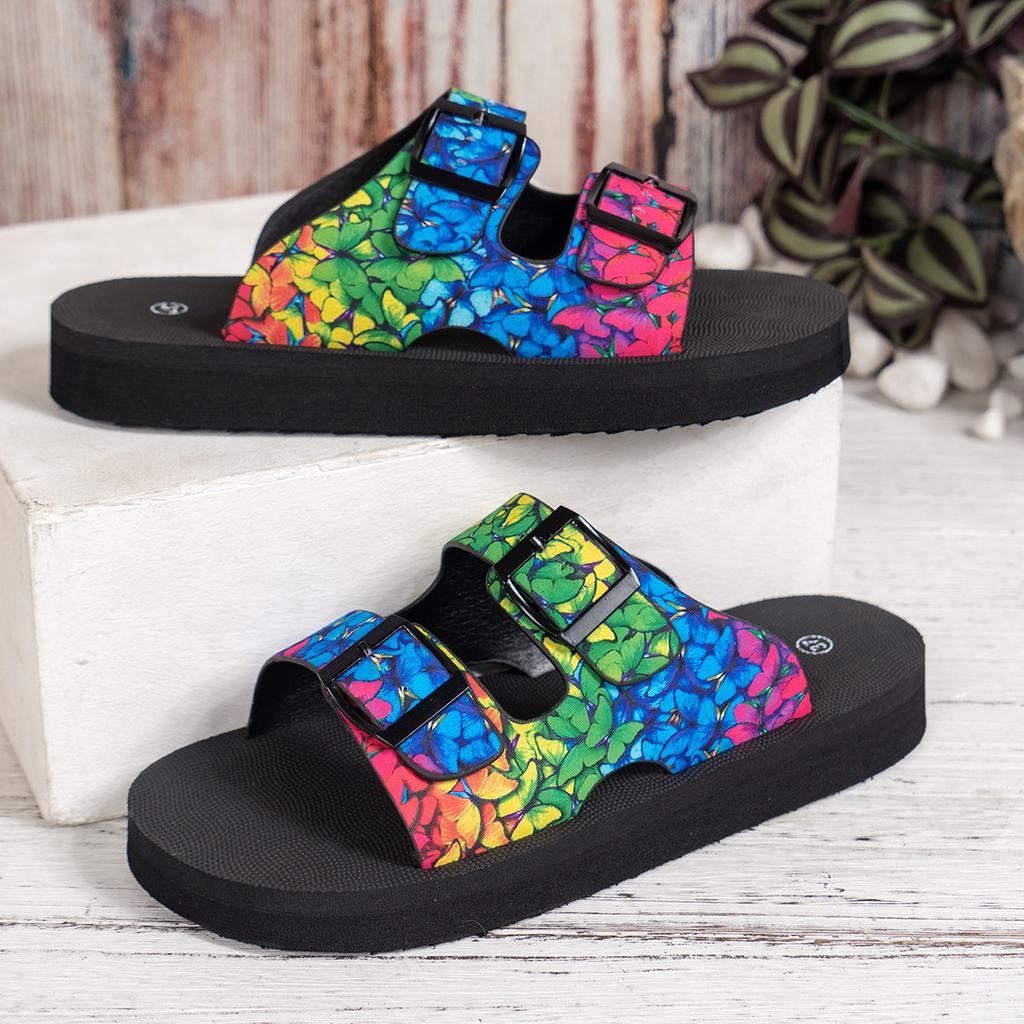 European and American foreign trade large size belt buckle light foam bottom one-word slippers women wear colored graffiti beach cool slippers