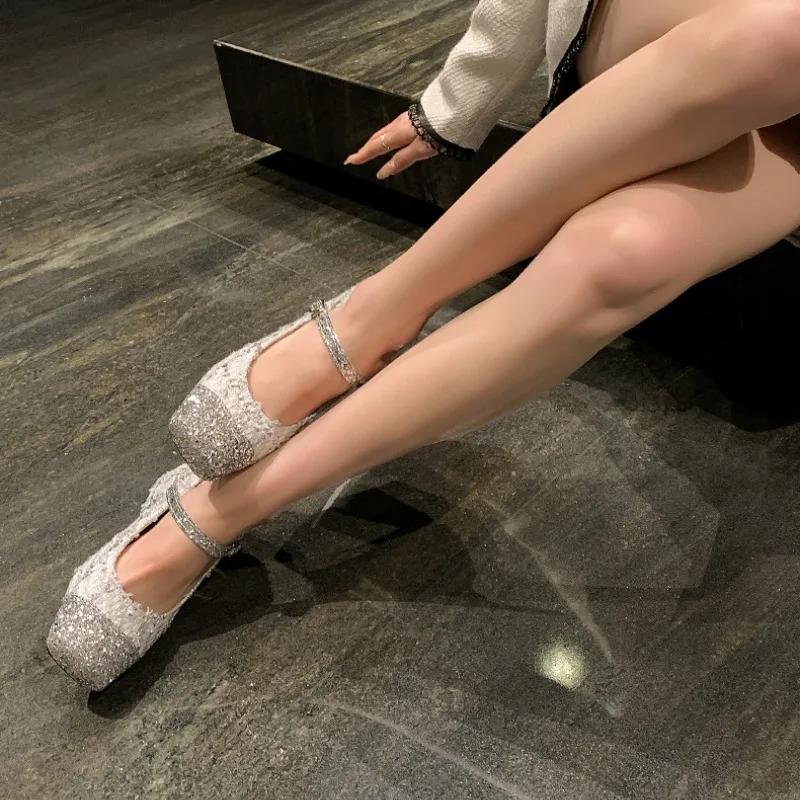 Fashion Slip on Shoes for Women Slip-on Glitter Med Slides Bling PU Hoof Heels Rubber Glitter Shoes Slip-on Slip on Rubber Hoof Heels Me