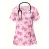 Uniformi Mediche Donna Stampa Fiocco Rosa Moda Spa Scollo a V Uniformi Cliniche Top Manica Corta Comoda Uniformi Dentistiche Donna