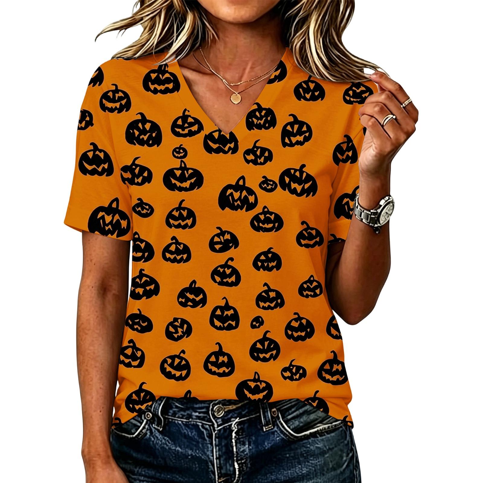 Women s Casual Loose Fit V-Neck T-Shirt with Halloween Print for Fall Parties XXL