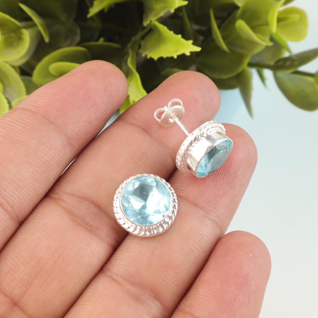 Sky Blue Topaz Gemstone 925 Sterling Silver Jewelry Handmade Studs Earrings0.53" EE-147-20