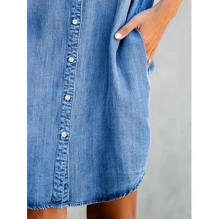 Women Casual Denim Dress Short Sleeve Solid Color Pocket Fashion